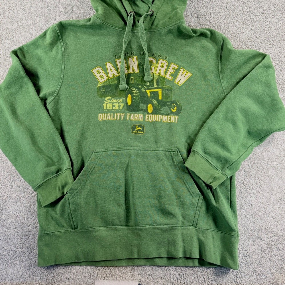 John Deere Hoodie Mens Medium Green Barn Crew Graphic Quality Farm Equipment